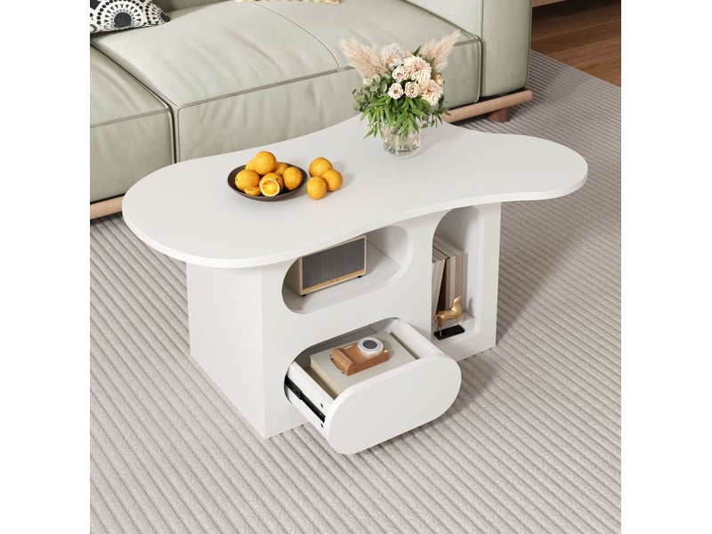  Table basse avec 2 tiroirs et niches ouvertes, forme nuage, pour salon, en panneaux de particules, blanc, 97 × 45 × 43,5 cm  - Conforama B