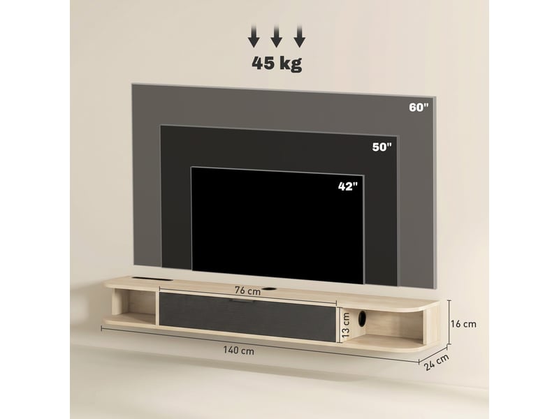  Meuble tv suspendu, meuble télé pour téléviseur jusqu'à 60 pouces, tiroir rabattable 2 étagères 140x24x16cm bois naturel  - Conforama C