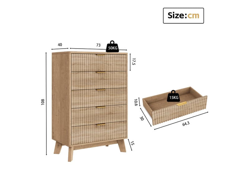 Commode chambre 5 tiroirs, commode bois, meuble de rangement, 73x40x108 cm, grande capacité et anti-basculement, chêne clair - Conforama E