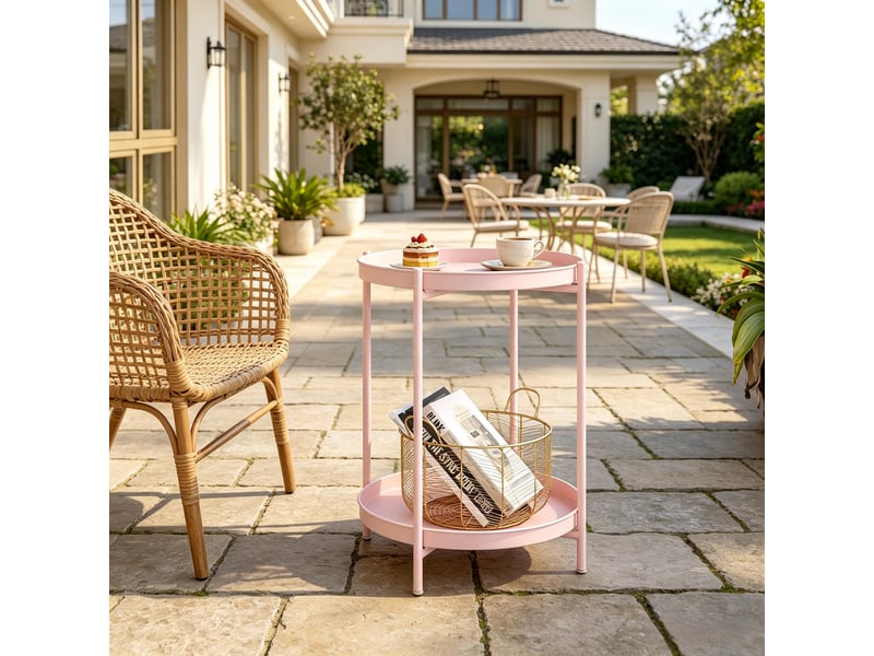  Table d'appoint ronde, avec 2 étagères métalliques amovibles et porte-plantes, salon et chambre, métal rose, 44×44×53 cm  - Conforama D