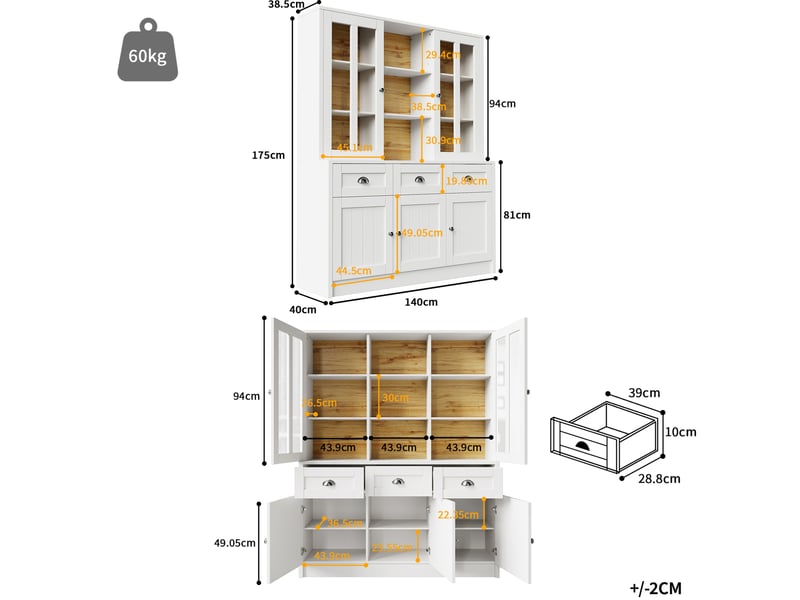  Buffet haut 140x40x175 cm, armoire de cuisine, style moderne, gain de place, portes acryliques, structure mdf, blanc  - Conforama C