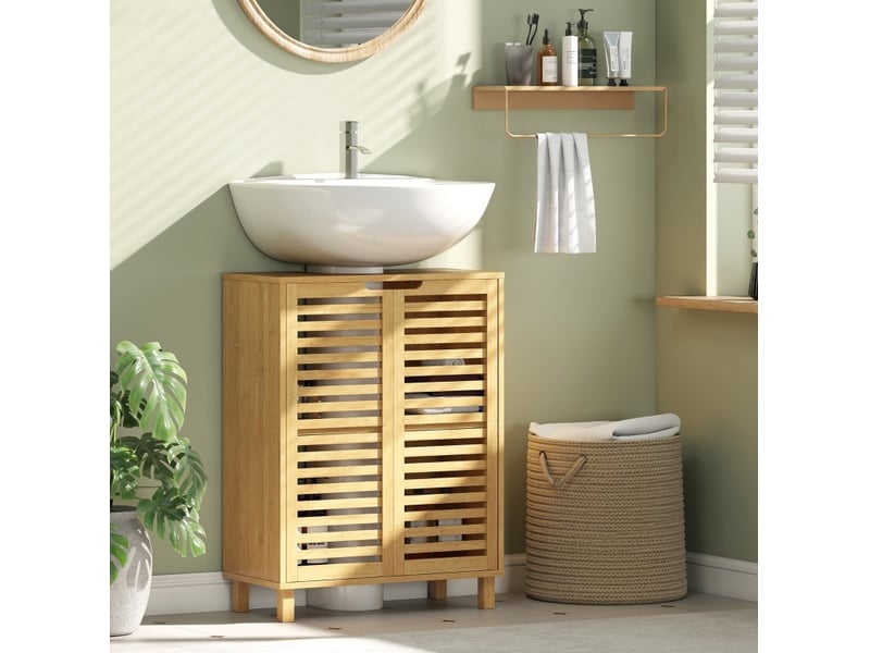 Meuble sous lavabo 60x30x80 cm portes persiennes bambou naturel - Conforama B