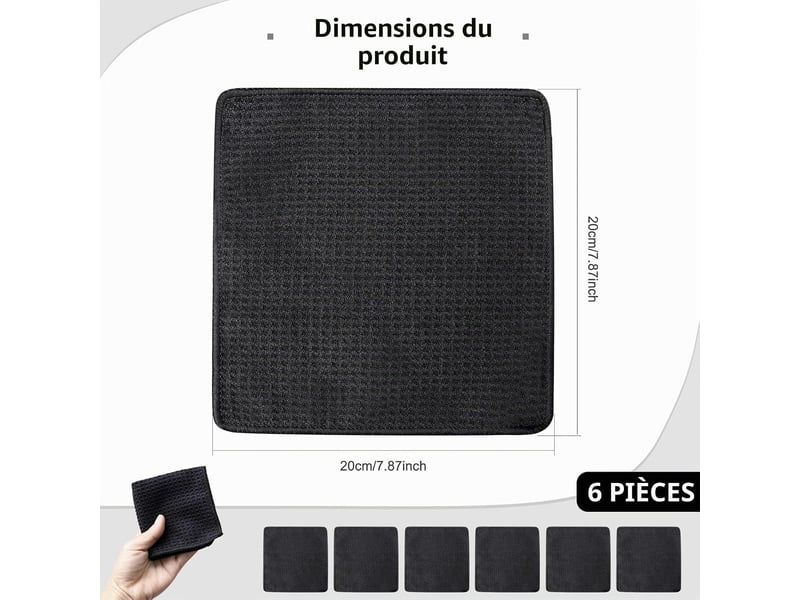  6 pièces chiffon microfibre cuisine 20x20 cm - petites lavettes cuisine noir &amp; torchons vaisselle - tissu alvéolé super absorbant pour barista (noir) CSTY-0010114TY - Conforama B