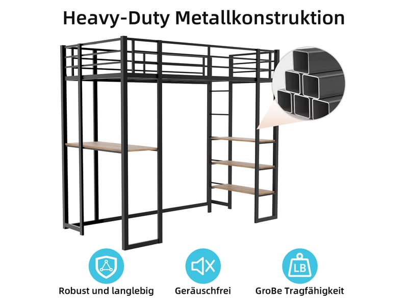  Lit mezzanine 90x190 cm avec bureau, étagère et échelle, métal, noir, sans matelas  - Conforama E
