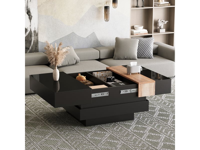  Table basse carrée plateau extensible rangement caché 70x70x39 cm - noir brillant mdf  - Conforama W