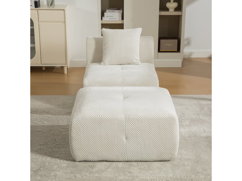 Canapé modulable 1 place en chenille beige, 77 x 157 x 75 cm, sans montage, livré compressé, base antidérapante, coussins inclus, avec repose-pieds CARDUME ESTIVAL - Conforama D