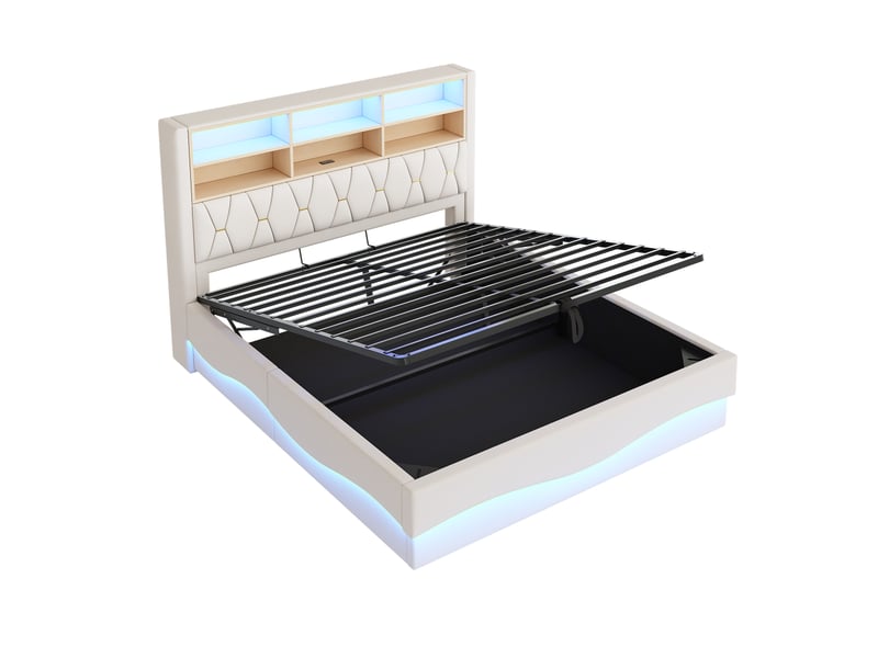  Lit rembourré 180×200 avec espace de rangement hydraulique, bande lumineuse led contrôlée par application, port de chargement usb, cadre à lattes métalliques, revêtement en lin, beige.  - Conforama D