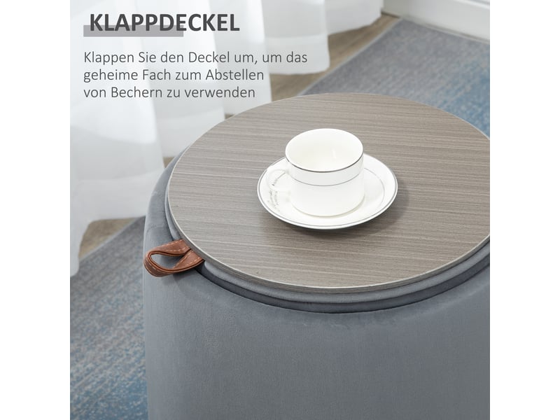  Tabouret rond ottoman 2 en 1 aspect velours gris avec espace de rangement, couvercle amovible ø44 cm x 47,5 cm, utilisation polyvalente comme table 838-270V00GY - Conforama D