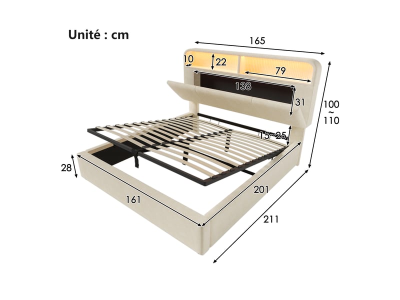  Lit coffre 160x200 cm - lit double rembourré avec led, station de charge usbtype-c, coffre hydraulique, velours beige - sans matelas  - Conforama C