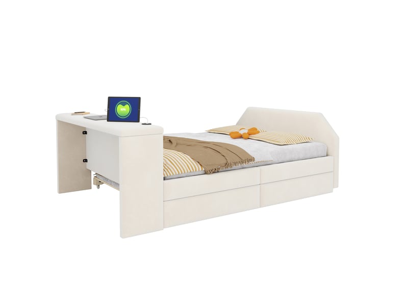  Lit enfant 140x200 cm avec bureau, usb et lit gigogne, velours beige, sans matelas  - Conforama R