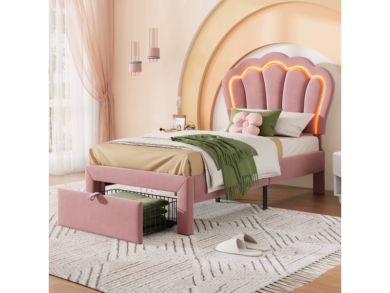  Lit simple enfant 200×90 cm avec tiroir et éclairage led rgb, tête de lit réglable, sans matelas, en velours rose  - Conforama C