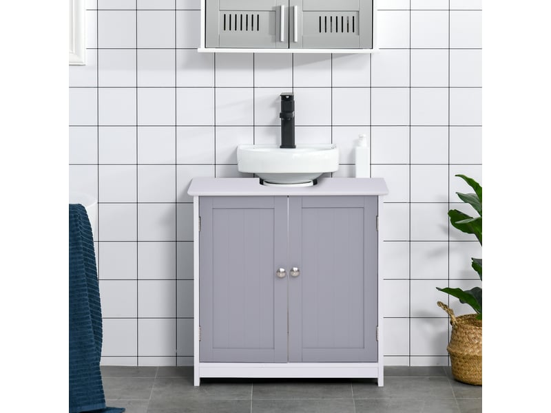  Meuble sous lavabo 60 x 30 x 60 cm avec découpe en u, blanc et gris  - Conforama D