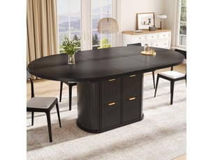 Table à manger extensible 118158 x 118 x 76,8 cm, 4 à 6 personnes, 2 tiroirs, rangements rabattables, relief vertical, poignées métal, noir
