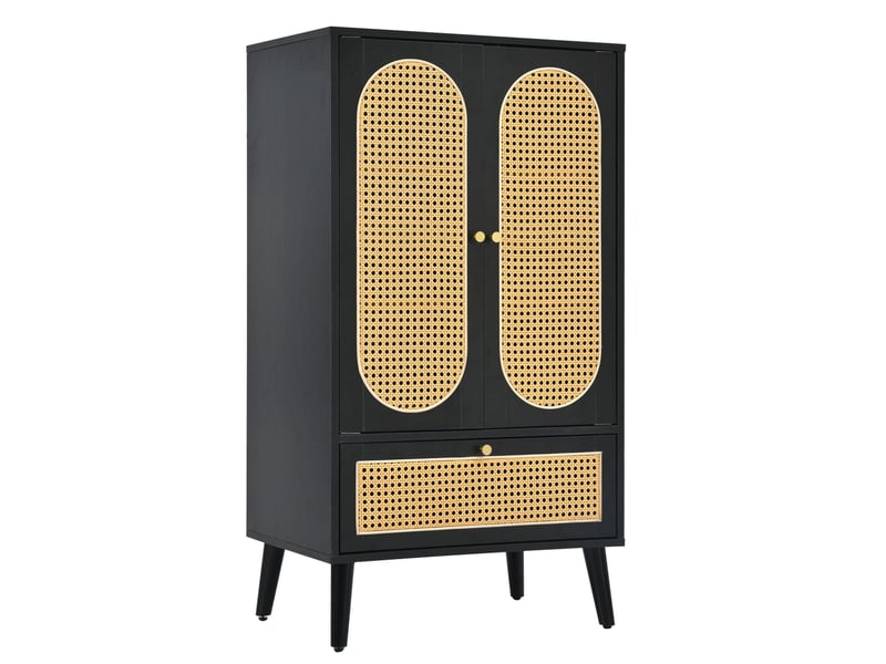 Buffet salon, meuble de rangement avec 2 portes et tiroir noir rotin 60x40x110,5 cm - Conforama R