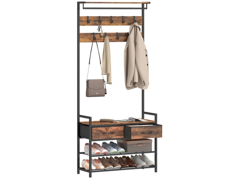  Portant à vêtements avec crochets, banc à chaussures, organisateur d'entrée de style industriel, structure en acier, marron rustique  - Conforama A