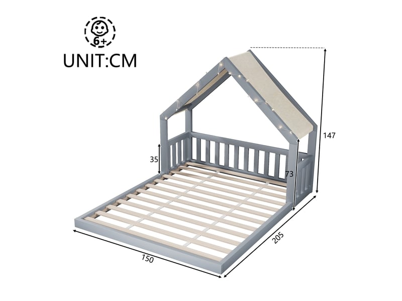  Lit cabane en bois, 140 x 200 cm, avec toit en tissu et guirlande lumineuse, sommier à lattes inclus, gris  - Conforama C