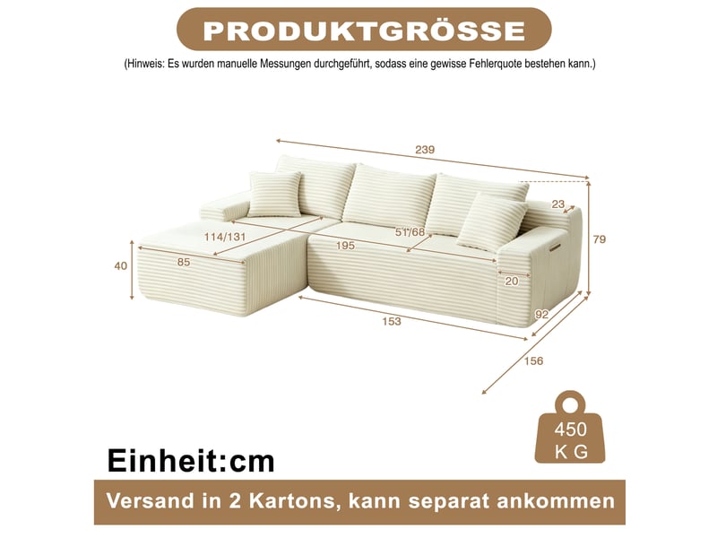  Canapé d’angle modulable 4 places en velours côtelé beige, 239x156x79 cm  - Conforama C