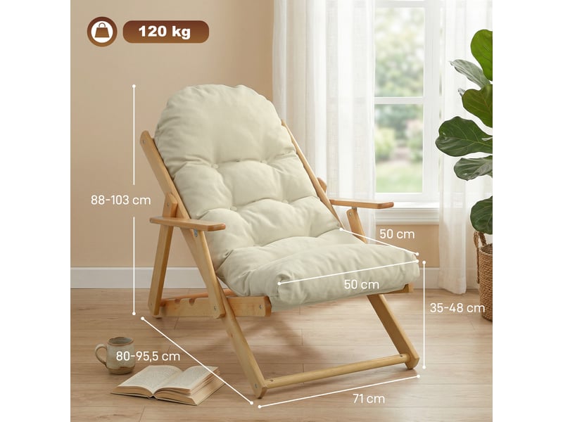  Fauteuil chaise de salon pliable et inclinable en bois relax fauteuil confortable avec coussin capitonné épais  - Conforama C