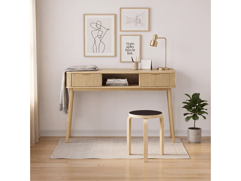  Console style mid-century, finition aspect chêne, 2 tiroirs et niche ouverte, 120 x 35 x 77,6 cm  - Conforama B