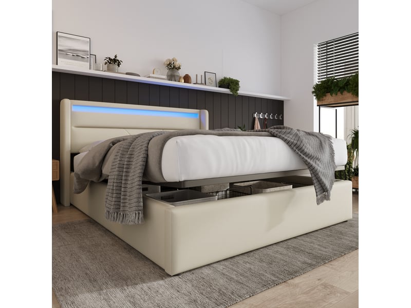  Lit coffre tcqpz 160 x 200 cm avec led en pu blanc  - Conforama D