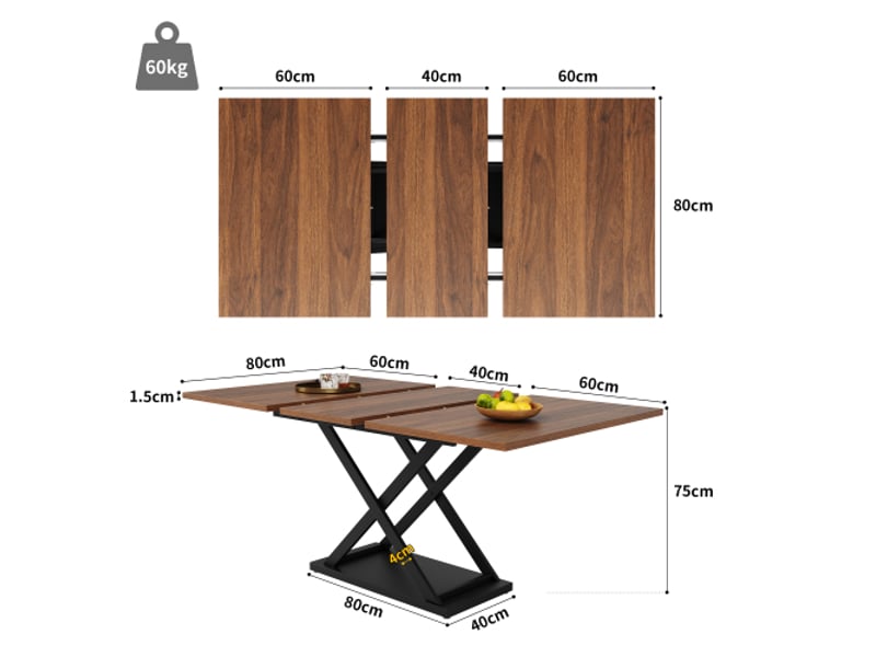  Table à manger extensible 120-160 x 80 cm, avec pieds en fer noir entrecroisés, couleur noyer  - Conforama C