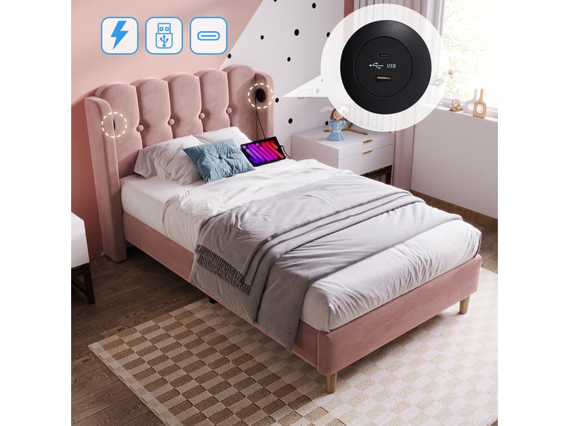 Lit simple 90 x 200 cm - lit adult avec port usb type-c - velours, mdf, métal - avec matelas - rose - Conforama E
