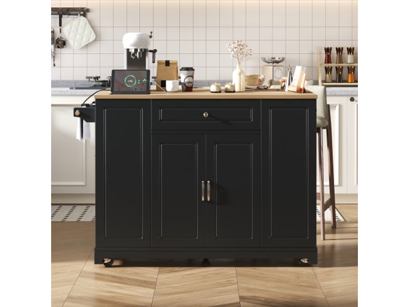  Îlot de cuisine mobile à roulettes – espace repas extensible, tiroirs multifonctions, poubelle noire, design moderne  - Conforama D