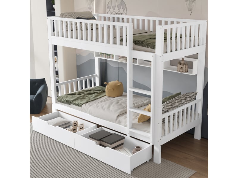  Lit superposé enfant 200×90 cm séparable en 2 lits simples, avec tiroirs et étagères, sans matelas, blanc  - Conforama C