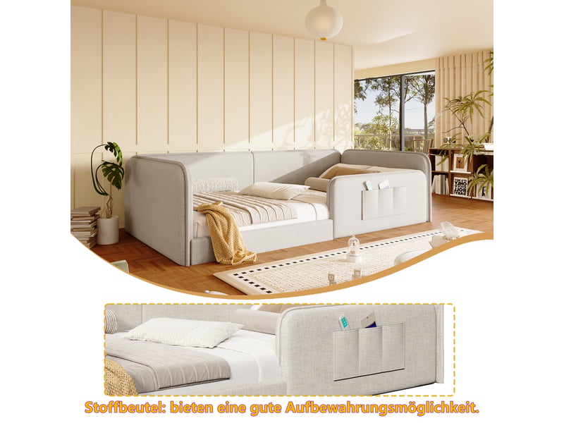  Lit plateforme 90x200 en lin beige rembourré avec poches de rangement et cadre sécurisé  - Conforama E