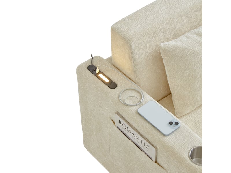 Canapé-lit 2 places beige en tissu chenille, canapé convertible pour petit espace avec ports usb, coussins et porte-gobelets - Conforama R