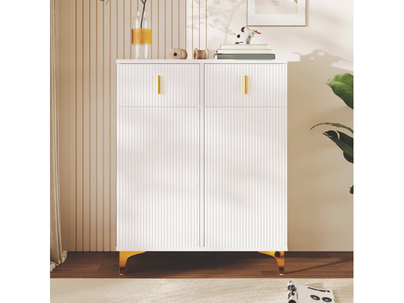 Buffet haut ulevr à 2 portes et 2 tiroirs, étagères réglables, 83 x 35 x 101 cm, panneaux de particules blanc et détails dorés - Conforama B