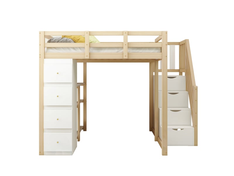  Lit mezzanine 140x200cm, li enfant avec 4 tiroirs, étagères, escalier, espace de rangement et sommier, pin+mdf, blanc+bois, sans matelas  - Conforama A