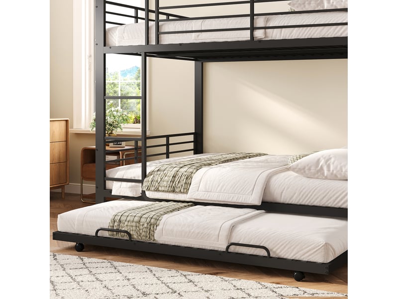  Lit superposé 140 × 200 cm 3 places avec lit gigogne, barrière de sécurité et échelle, sans matelas, métal noir  - Conforama C