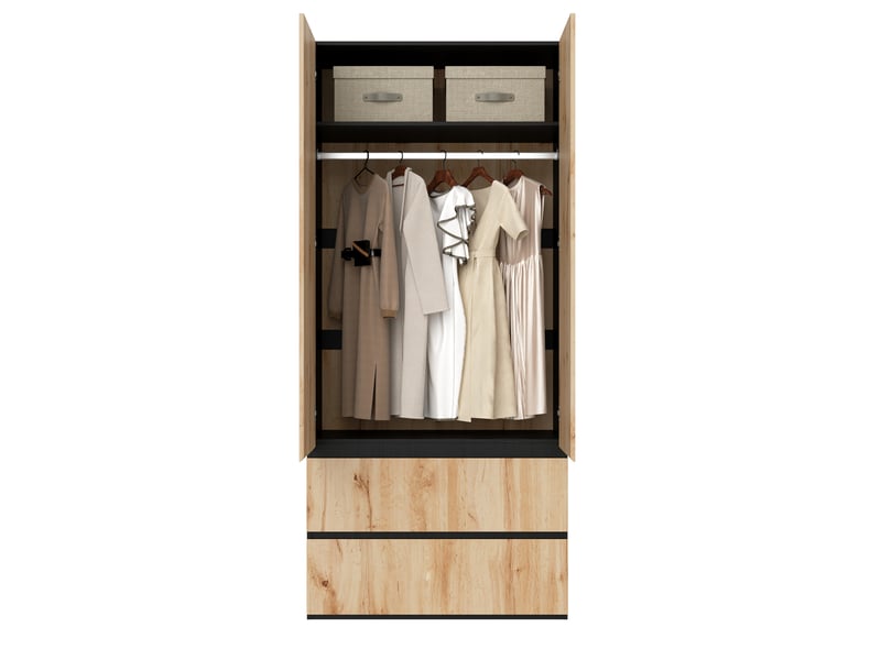  Armoire 2 portes 90 x 50 x 200 cm – chêne artisan et blanc – penderie, 2 tiroirs et rangement haut  - Conforama A
