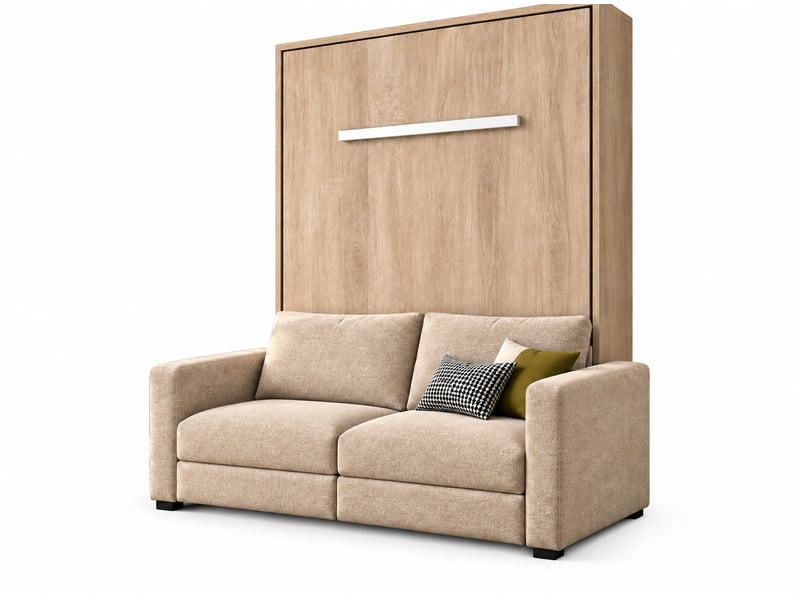  Lit escamotable vertical kimber avec canapé tissu intégré – le salon le jour, un vrai lit la nuit-120x200-cadre chêne clair-façade chêne clair-canapé beige  - Conforama A