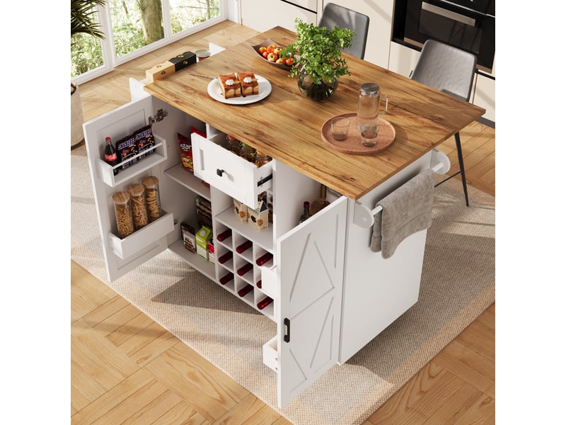  Desserte roulante,chariot de cuisine avec 2 portes,1 tiroir,1 niche,casier à vin,étagères à snack,plateau pliable,porte-serviettes et étagère latérale,blanc desserte blanc - Conforama B