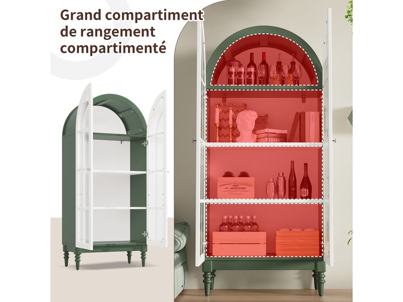  Vitrine haute 76 x 38,5 x 165 cm avec 2 portes en verre cannelé et 3 étagères, vert foncé et blanc  - Conforama D