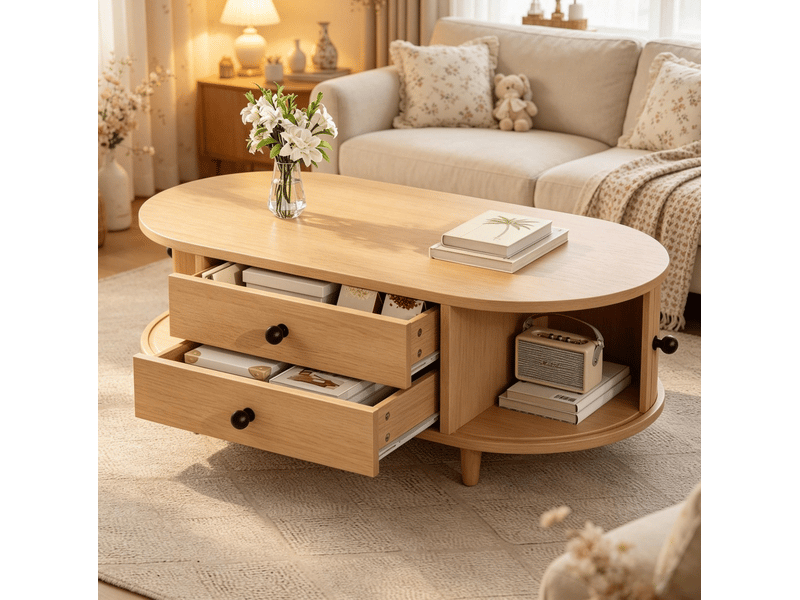  Table basse avec 2 tiroirs et portes coulissantes, rangement discret pour salon, 100 × 50 × 36 cm, en mdf, bois clair  - Conforama C