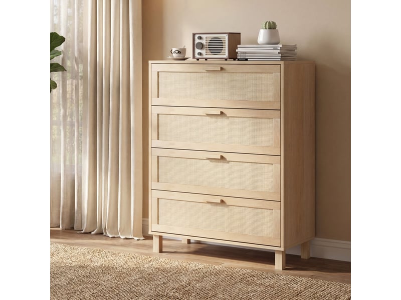  Commode 4 tiroirs cannage en rotin dim. 80l x 40l x 103h cm mdf aspect clair bois  - Conforama W