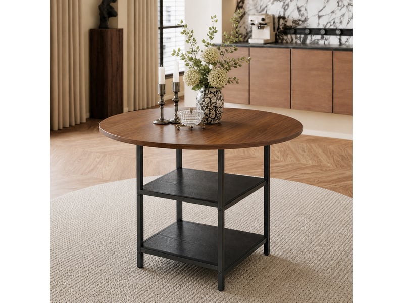 Table à manger ronde 107 cm avec 2 étagères, mdf effet noyer et métal noir - Conforama B