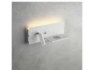 Applique murale led multifonction, lampe de chevet avec chargeur sans fil, usb, étagère et lampe de lecture pour chambre, blanc, gauche