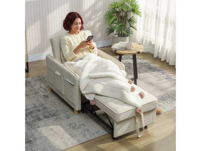  Fauteuil convertible 1 place, fauteuil-lit clic-clac 3 en 1 rembourré en velours grain maïs, dossier réglable, beige  - Conforama A