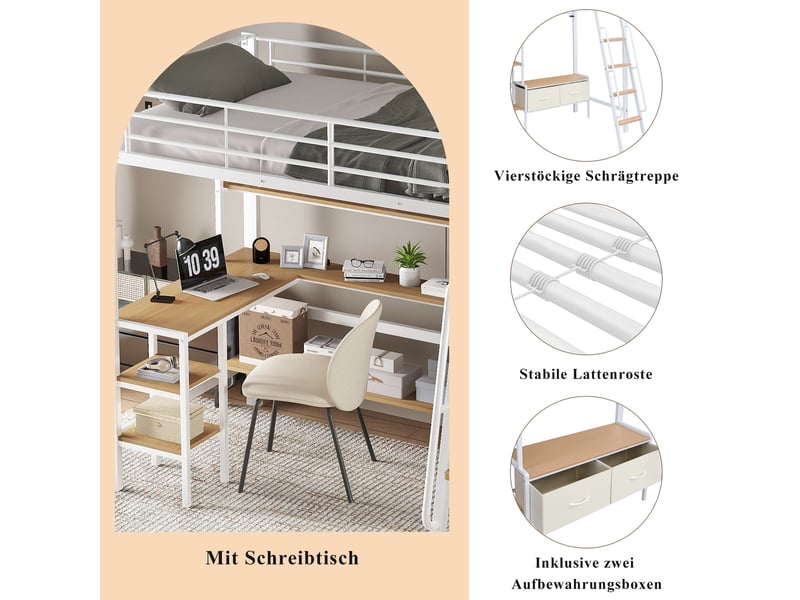 Lit mezzanine enfant 90x200 cm avec bureau, rangement et échelle à quatre marches - Conforama E
