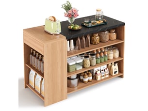 Îlot de cuisine 140x60x90 cm avec plateau épaissi, table de bar rectangulaire en mdf, aspect chêne et marbre noir, rangement 5 niveaux.