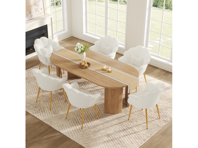  Chaise de salle à manger lot de 6 avec dossier en pétales, accoudoirs et coussins, pieds en métal doré, bouclé blanc  - Conforama B