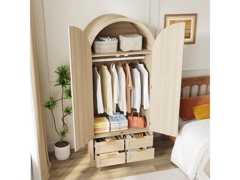 Armoire penderie 80x50x180 cm, portes courbées en rotin, tringle, tiroirs, étagères, grand rangement pour chambre - chêne - Conforama D