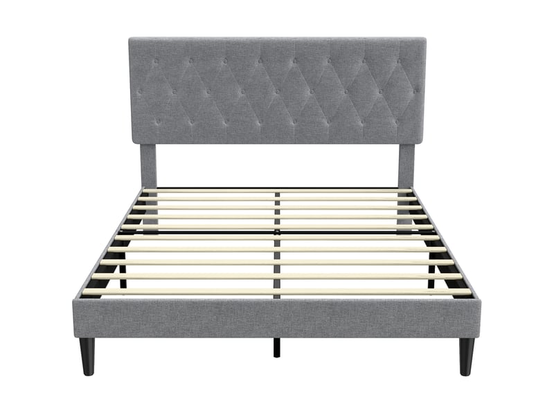  Cadre de lit 140 x 190 cm avec sommier, lit double rembourré en lin, support à 10 lattes, tête capitonnée, gris  - Conforama B