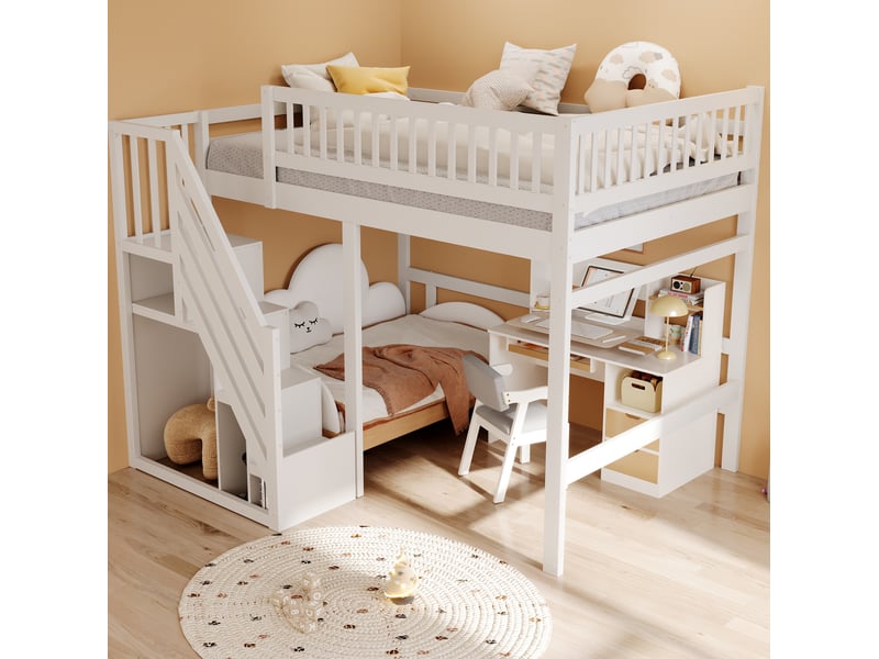  Lit surélevé enfant et adolescent 140 x 200 cm avec escalier de rangement, blanc  - Conforama B