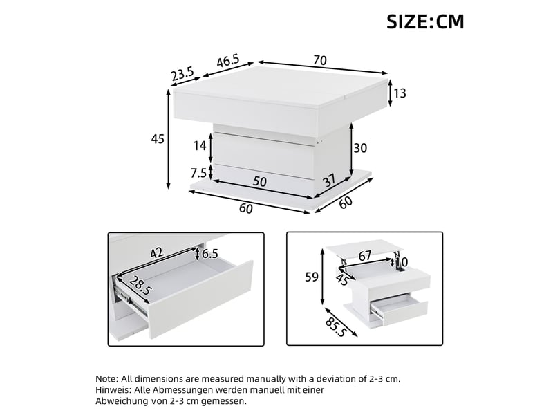  Table basse 70x70x45 cm plateau relevable pivotant panneau de particules blanc  - Conforama C
