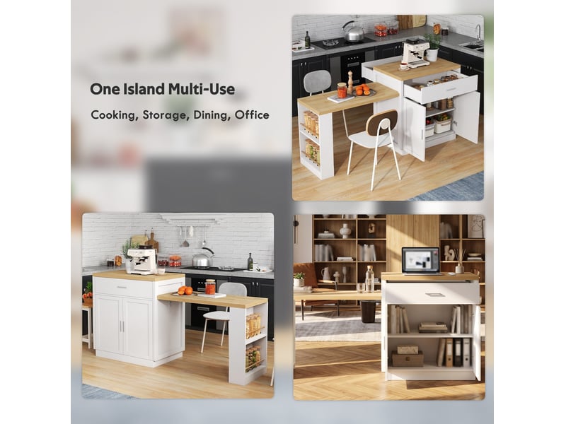 Desserte de cuisine avec table extensible, 2 tiroirs, placard et étagères, prises et ports usb, 188 × 55 × 92 cm  - Conforama E